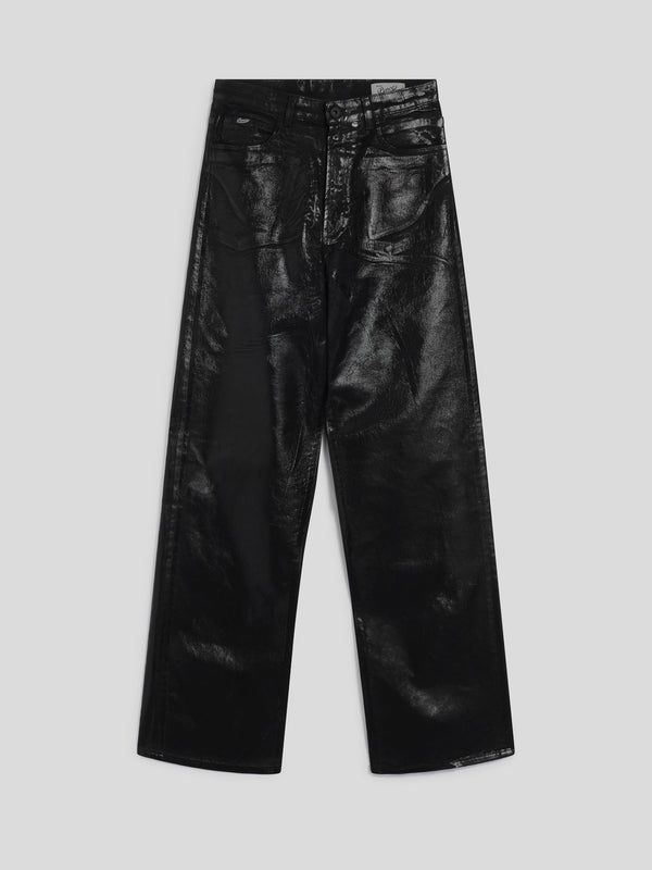 PANTALONE 5 TASCHE DA DONNA, VITA ALTA, GAMBA AMPIA, IN DENIM CON SPLAMATURA METALLICA COLORE NERO - NERO - Abbigliamento Donna | Pence 1979