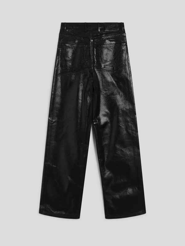 PANTALONE 5 TASCHE DA DONNA, VITA ALTA, GAMBA AMPIA, IN DENIM CON SPLAMATURA METALLICA COLORE NERO - NERO - Abbigliamento Donna | Pence 1979