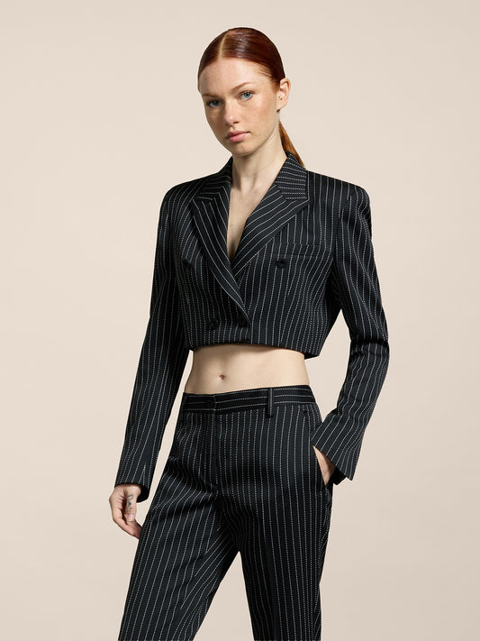 SPENCER DA DONNA DOPPIOPETTO REVERS LANCIA,GESSATO FONDO NERO RIGA BIANCA - NERO/BIANCO PINSTRIPE - Abbigliamento Donna | Pence 1979