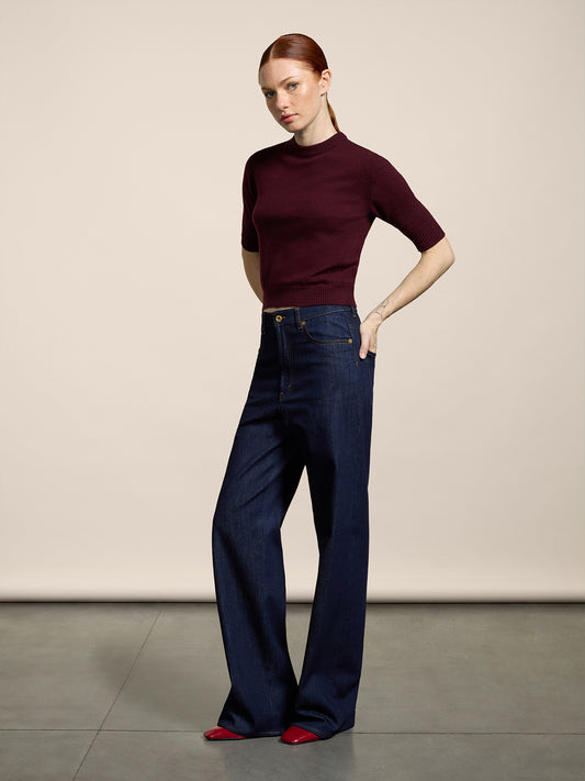 MINI MAGLIONE GIROCOLLO VESTIBILITA' SLIM MANICHE CORTE CON LOGO RICAMATO COLORE BORDEAUX - BORDEAUX  - Abbigliamento Donna | Pence 1979