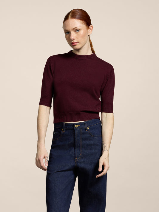 MINI MAGLIONE GIROCOLLO VESTIBILITA' SLIM MANICHE CORTE CON LOGO RICAMATO COLORE BORDEAUX - BORDEAUX  - Abbigliamento Donna | Pence 1979
