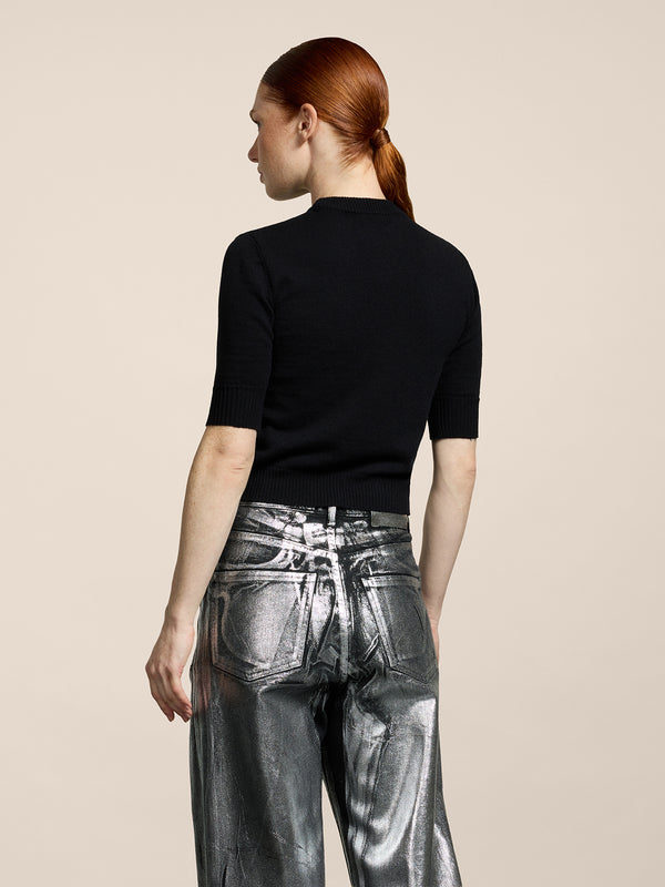 MINI MAGLIONE GIROCOLLO VESTIBILITA' SLIM MANICHE CORTE CON LOGO RICAMATO COLORE NERO - NERO - Abbigliamento Donna | Pence 1979