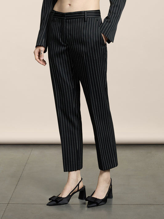 PANTALONE CHINO DA DONNA REGULAR FIT GESSATO COLORE FONDO NERO RIGA BIANCA - NERO/BIANCO PINSTRIPE - Abbigliamento Donna | Pence 1979