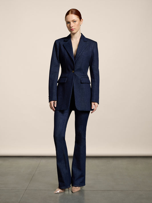 BLAZER MONOPETTO DA DONNA REVERS A SPECCHIO REGULAR FIT IN DENIM BLU COMFORT - DARK DENIM BLUE  - Abbigliamento Donna | Pence 1979