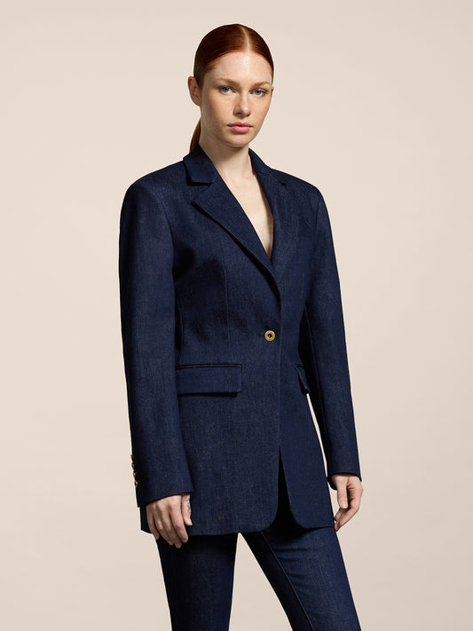 BLAZER MONOPETTO DA DONNA REVERS A SPECCHIO REGULAR FIT IN DENIM BLU COMFORT - DARK DENIM BLUE  - Abbigliamento Donna | Pence 1979