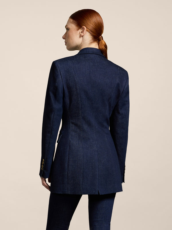 BLAZER MONOPETTO DA DONNA REVERS A SPECCHIO REGULAR FIT IN DENIM BLU COMFORT - DARK DENIM BLUE  - Abbigliamento Donna | Pence 1979