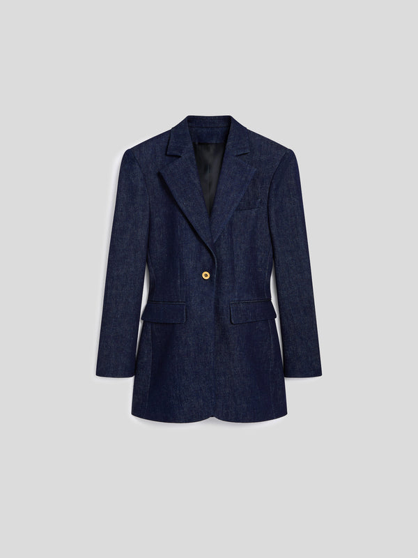 BLAZER MONOPETTO DA DONNA REVERS A SPECCHIO REGULAR FIT IN DENIM BLU COMFORT - DARK DENIM BLUE  - Abbigliamento Donna | Pence 1979