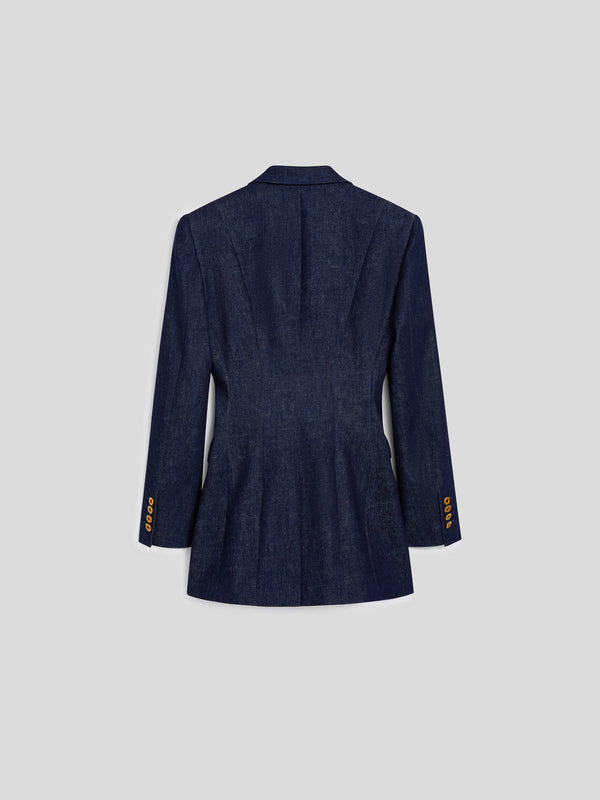 BLAZER MONOPETTO DA DONNA REVERS A SPECCHIO REGULAR FIT IN DENIM BLU COMFORT - DARK DENIM BLUE  - Abbigliamento Donna | Pence 1979