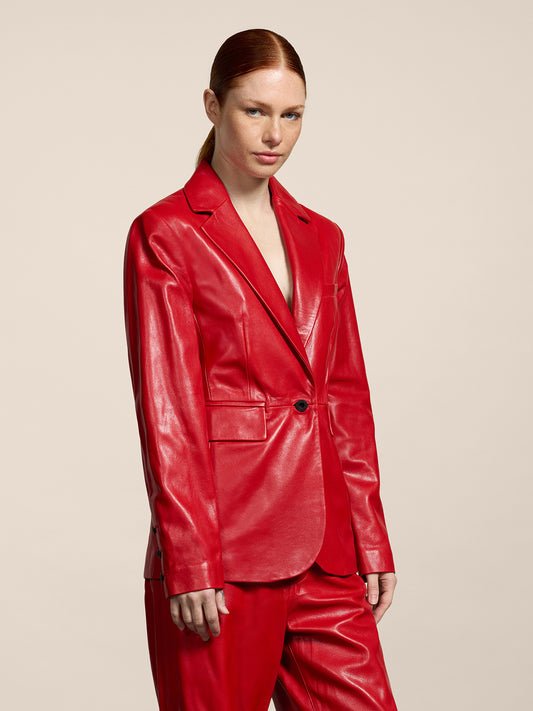 BLAZER MONOPETTO DA DONNA REGULAR FIT IN PELLE D'AGNELLO COLORE ROSSO - ROSSO - Abbigliamento Donna | Pence 1979