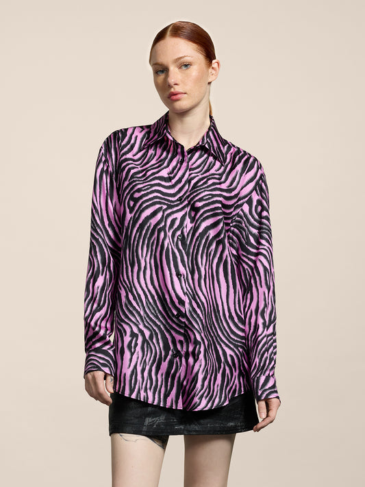 CAMICIA DA DONNA IN SETA OVER FIT, STAMPA ZEBRA COLORE NERO E ROSA - NERO/ROSA ZEBRA PRINT - Abbigliamento Donna | Pence 1979