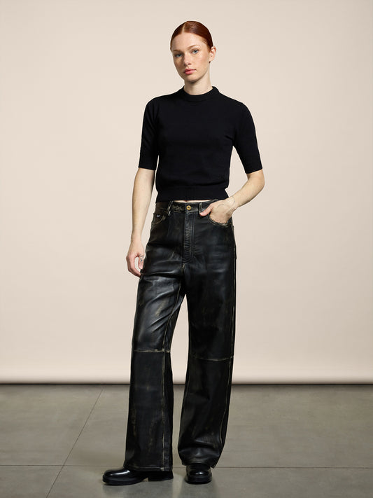 PANTALONE 5 TASCHE DA DONNA, VITA ALTA, GAMBA AMPIA IN PELLE D'AGNELLO- TRATTAMENTO USED COLORE NERO - NERO - Abbigliamento Donna | Pence 1979