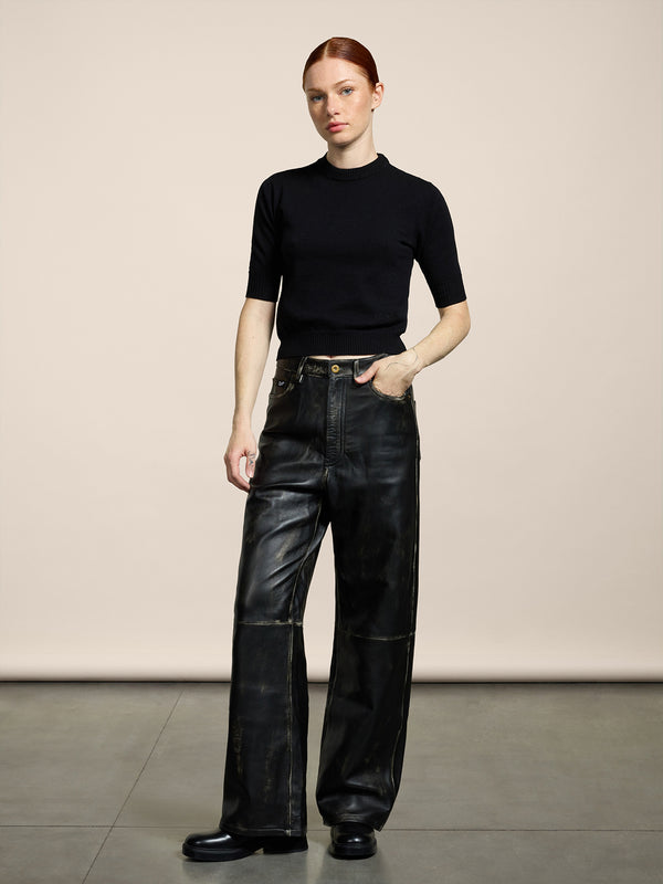 PANTALONE 5 TASCHE DA DONNA, VITA ALTA, GAMBA AMPIA IN PELLE D'AGNELLO- TRATTAMENTO USED COLORE NERO - NERO - Abbigliamento Donna | Pence 1979