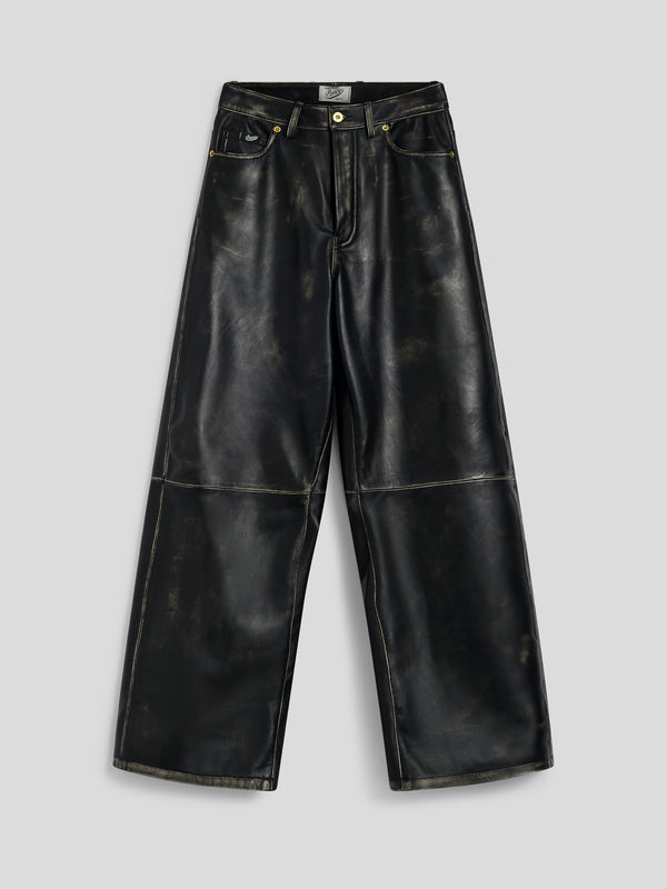 PANTALONE 5 TASCHE DA DONNA, VITA ALTA, GAMBA AMPIA IN PELLE D'AGNELLO- TRATTAMENTO USED COLORE NERO - NERO - Abbigliamento Donna | Pence 1979