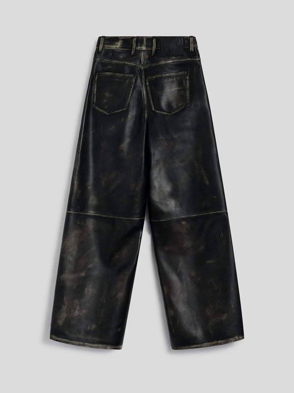 PANTALONE 5 TASCHE DA DONNA, VITA ALTA, GAMBA AMPIA IN PELLE D'AGNELLO- TRATTAMENTO USED COLORE NERO - NERO - Abbigliamento Donna | Pence 1979