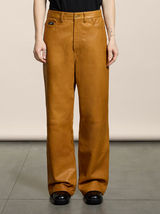 PANTALONE 5 TASCHE DA DONNA, VITA ALTA, GAMBA AMPIA, IN PELLE D'AGNELLO COLORE CARAMELLO - CARAMEL - Abbigliamento Donna | Pence 1979