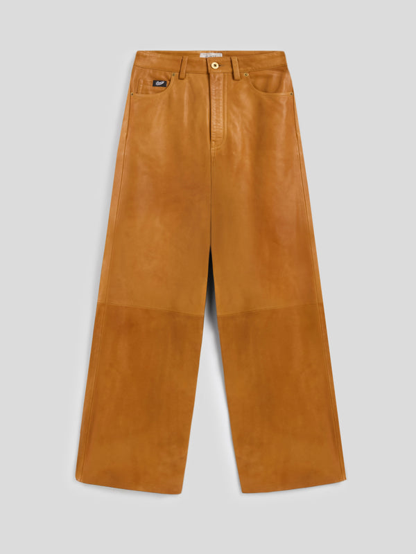 PANTALONE 5 TASCHE DA DONNA, VITA ALTA, GAMBA AMPIA, IN PELLE D'AGNELLO COLORE CARAMELLO - CARAMEL - Abbigliamento Donna | Pence 1979