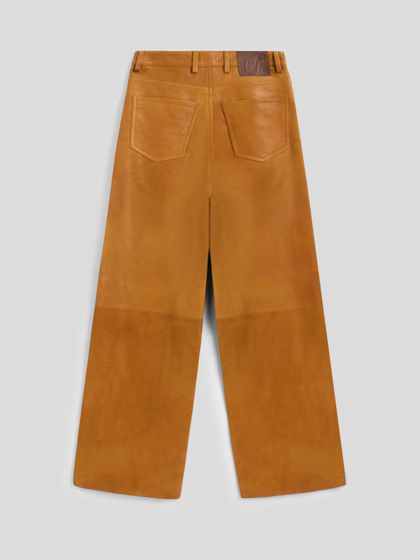 PANTALONE 5 TASCHE DA DONNA, VITA ALTA, GAMBA AMPIA, IN PELLE D'AGNELLO COLORE CARAMELLO - CARAMEL - Abbigliamento Donna | Pence 1979