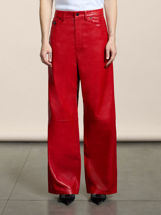PANTALONE 5 TASCHE DA DONNA, VITA ALTA, GAMBA ALTA,REGULAR FIT IN PELLE D'AGNELLO COLORE ROSSO - ROSSO - Abbigliamento Donna | Pence 1979