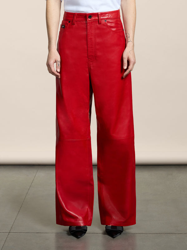 PANTALONE 5 TASCHE DA DONNA, VITA ALTA, GAMBA ALTA,REGULAR FIT IN PELLE D'AGNELLO COLORE ROSSO - ROSSO - Abbigliamento Donna | Pence 1979