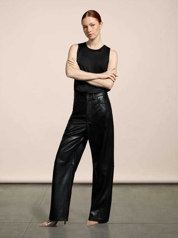 PANTALONE 5 TASCHE DA DONNA,VITA ALTA, REGULAR FIT IN PELLE D'AGNELLO COLORE NERO - NERO - Abbigliamento Donna | Pence 1979