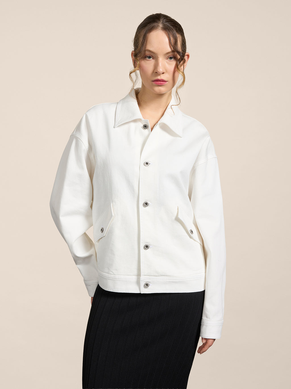 GIUBBINO OVER FIT UNISEX IN COTONE STRETCH BIANCO CON FASCIA ELASTICA - BIANCO - Abbigliamento Donna | Pence 1979