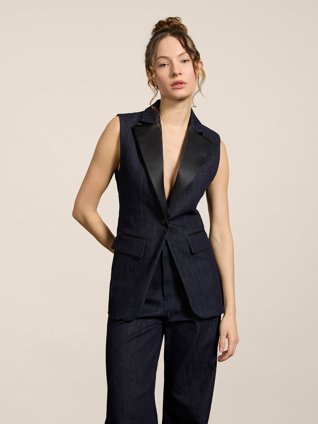 GIACCA TUXEDO SENZA MANICHE IN DENIM STRETCH BLU SCURO CON DETTAGLI IN RASO - BLU SCURO - Abbigliamento Donna | Pence 1979