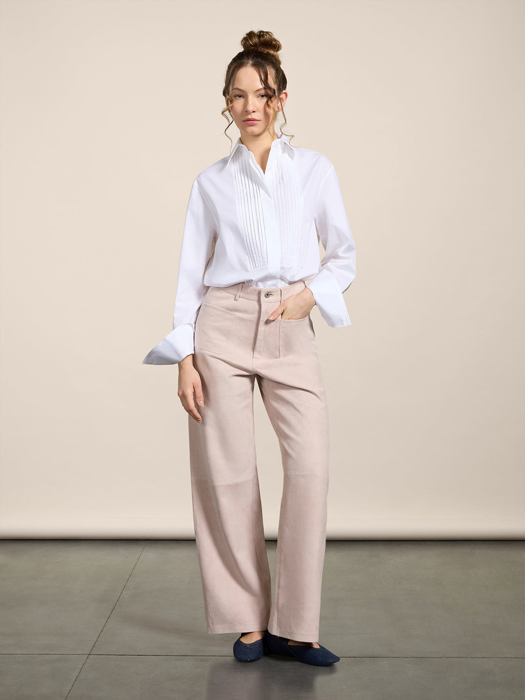 REGULAR-FIT HIGH-WAISTED TROUSERS IN PINK SUEDE - DUSTY ROSE - promo code | Pence 1979
