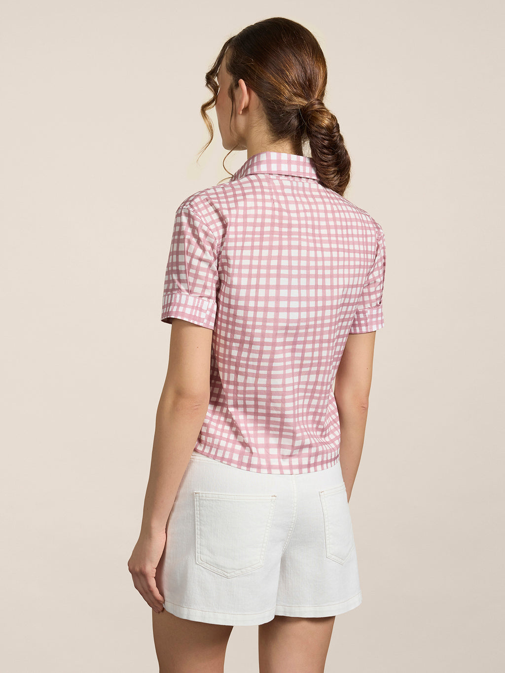 REGULAR-FIT SHORT-SLEEVED SHIRT IN VICHY PINK PRINTED STRETCH POPLIN - DUSTY ROSE VICHY - Check Active | Pence 1979