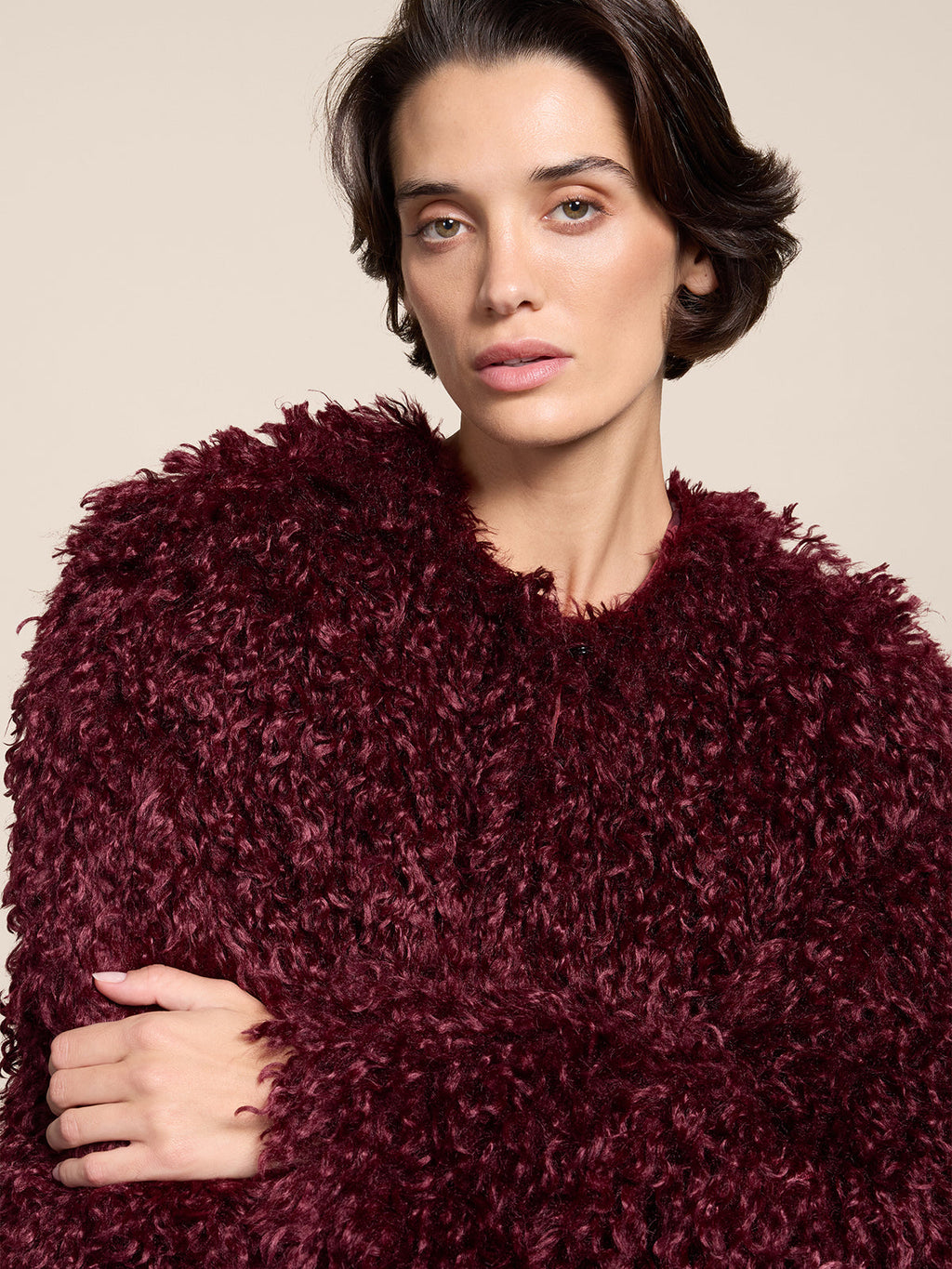 REGULAR FIT PURPLE FAUX FUR ROUND NECK LINED COAT - PURPLE - Check Active | Pence 1979