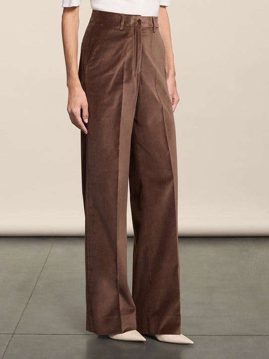 PANTALONE "LARGO" IN VELLUTO LISCIO CAFFE' CON TASCHE ALLA FRANCESE - CAFFE' - Abbigliamento Donna | Pence 1979