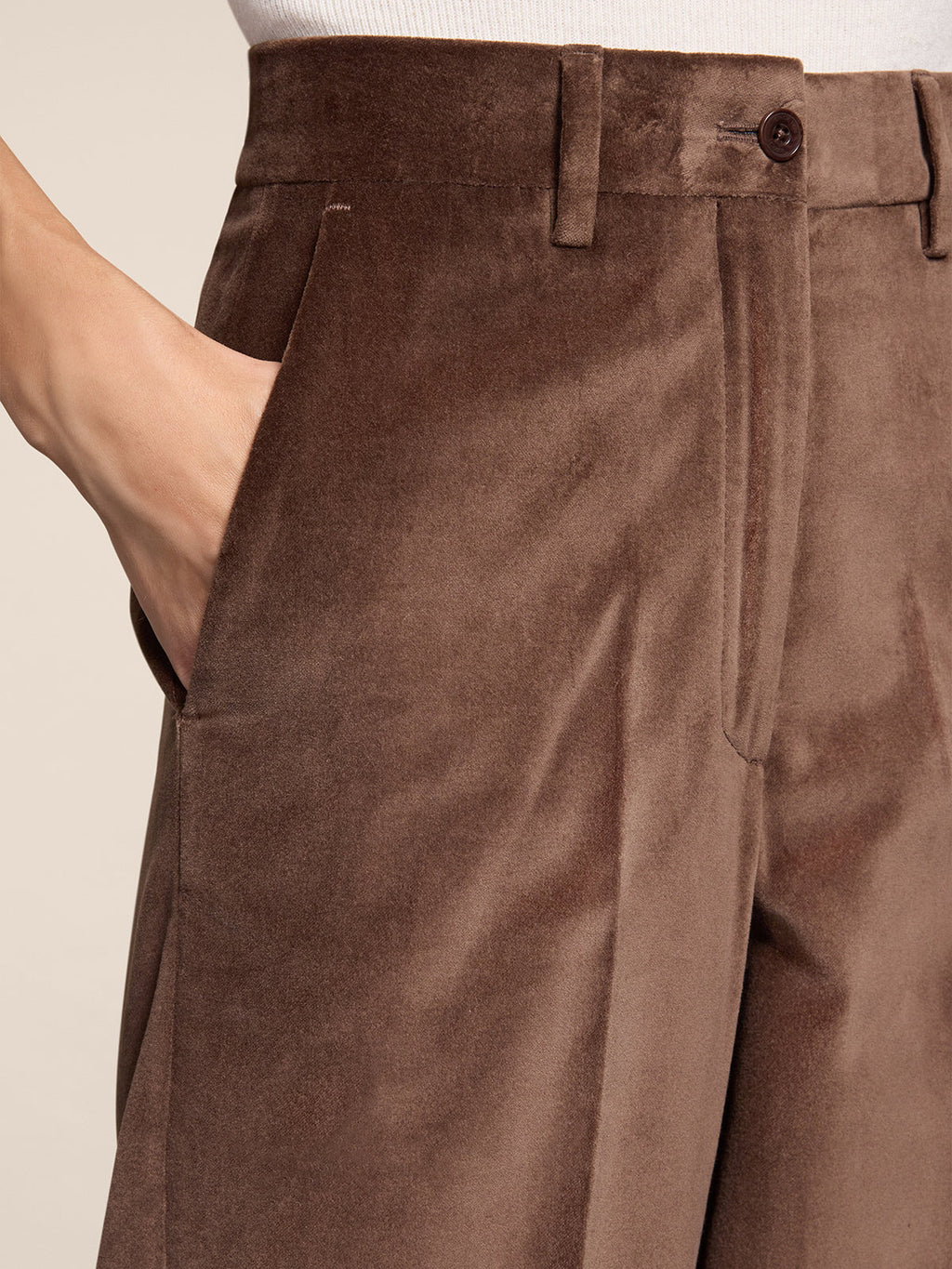 WIDE COFFEE VELVET TROUSERS WITH FRONT-HIP POCKETS - COFFEE - Check Active | Pence 1979