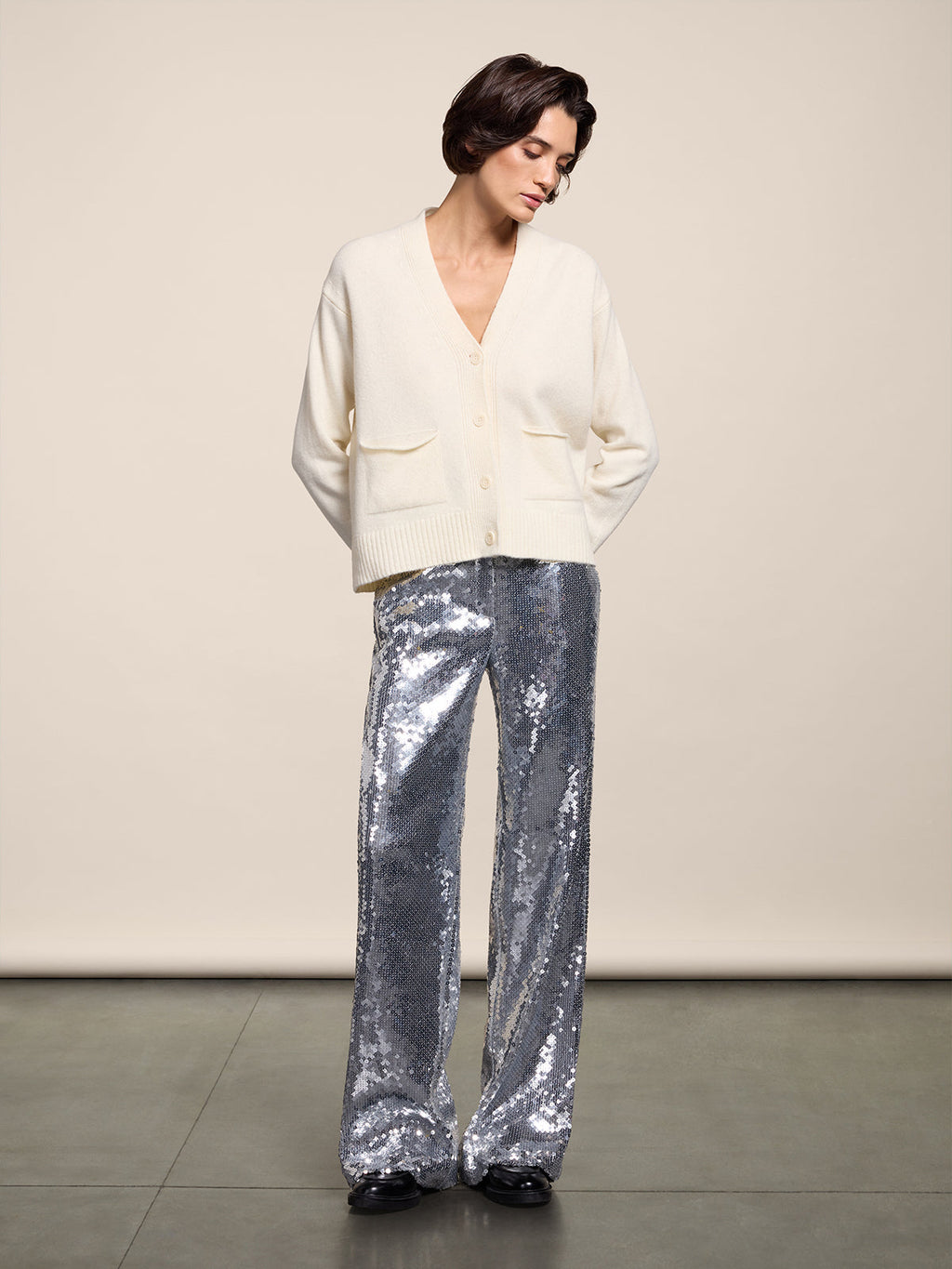 WIDE SILVER PAILLETTES TROUSERS WITH FRONT-HIP POCKETS - SILVER - Check Active | Pence 1979