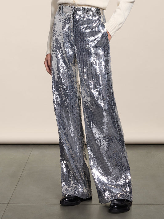 PANTALONE "LARGO" IN PAILLETTES ARGENTO CON TASCHE ALLA FRANCESE - ARGENTO - Abbigliamento Donna | Pence 1979