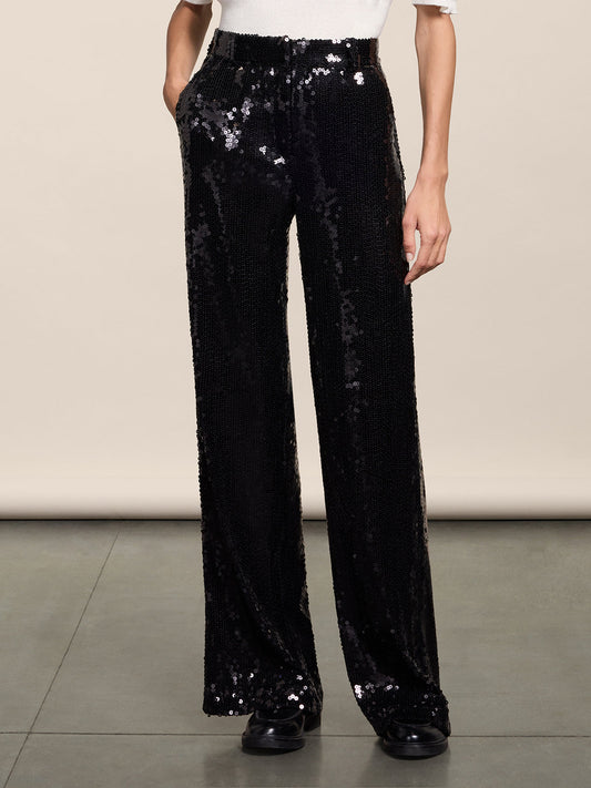 PANTALONE "LARGO" IN PAILLETTES NERO CON TASCHE ALLA FRANCESE - NERO - Abbigliamento Donna | Pence 1979