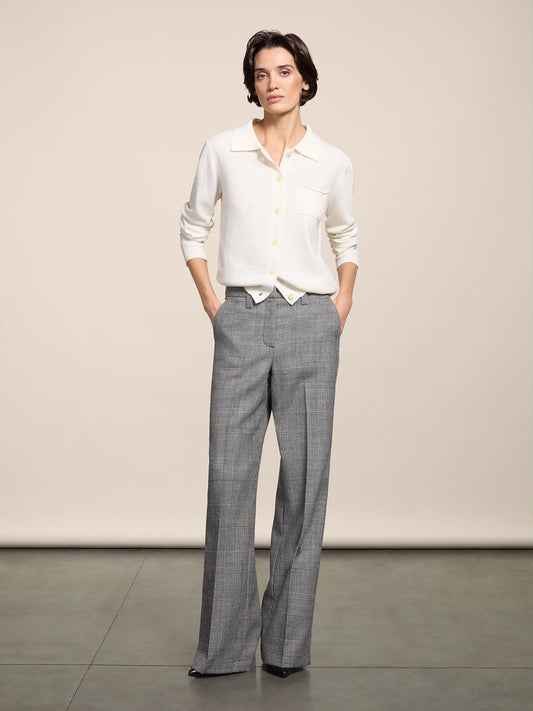 PANTALONI A VITA ALTA IN LANA BIANCO E NERO, CINTURA ALTA PASSANTI BASSI E GAMBA AMPIA - BLACK\WHITE  - Abbigliamento Donna | Pence 1979