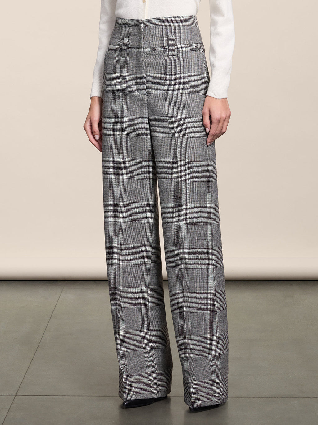 HIGH WAISTED BLACK AND WHITE WIDE LEG TROUSERS WITH LOW BELT LOOPS - BLACK\WHITE  - Check Active | Pence 1979