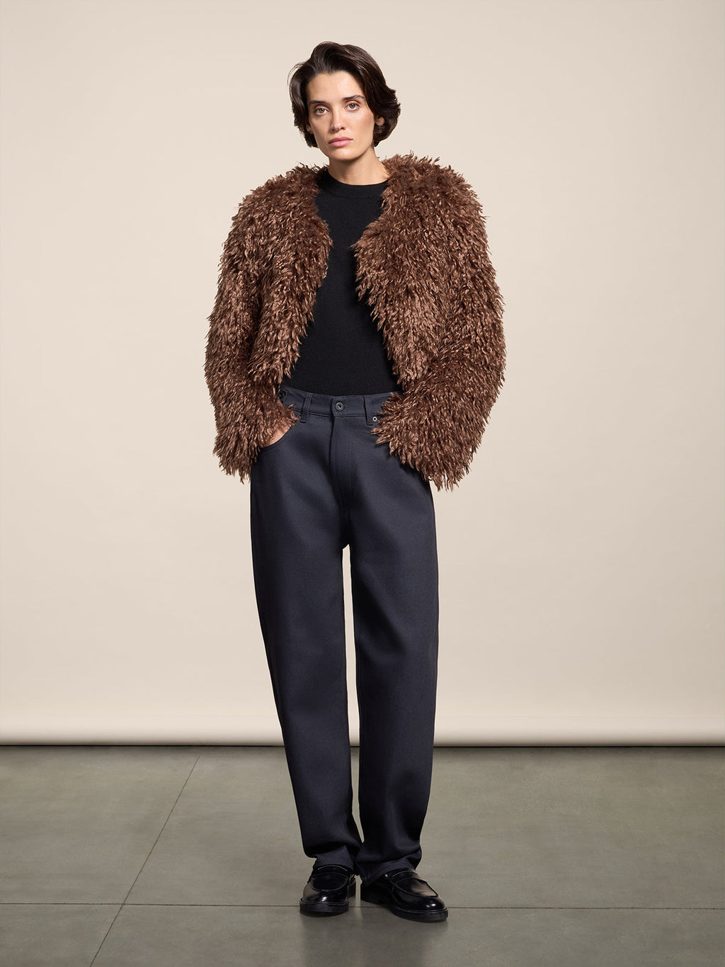 REGULAR FIT WOOD FAUX FUR SHORT JACKET - WOOD - Check Active | Pence 1979