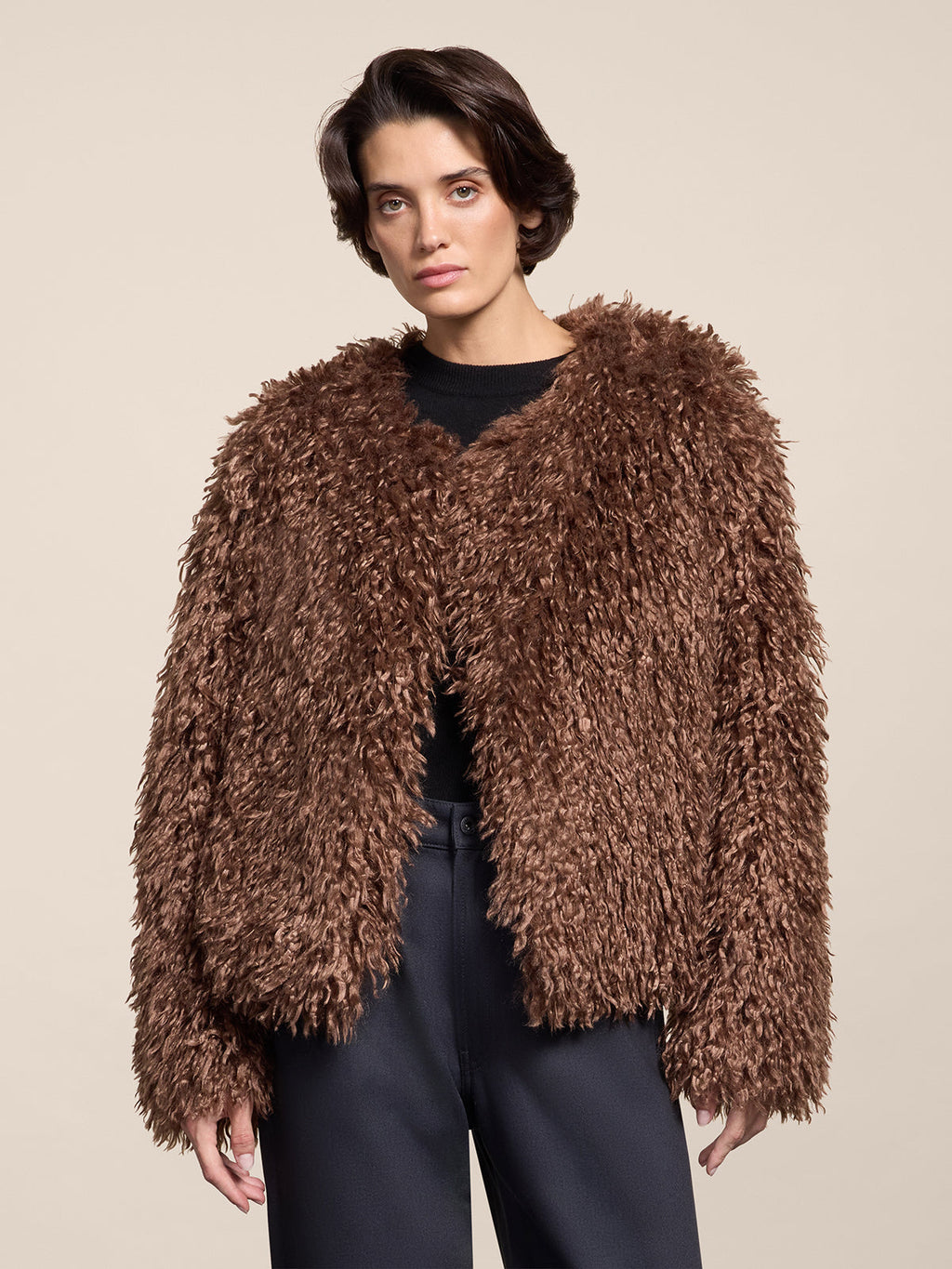 REGULAR FIT WOOD FAUX FUR SHORT JACKET - WOOD - Check Active | Pence 1979