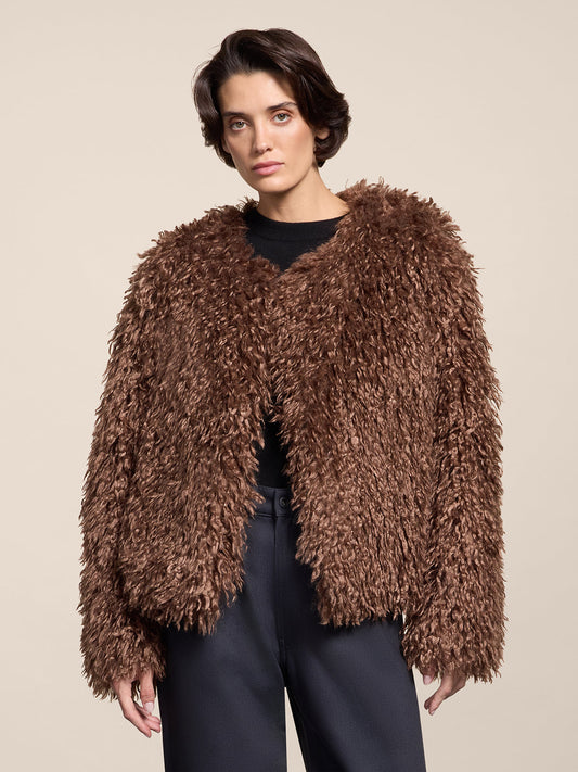 CAPPOTTO GIROCOLLO CORTO WOOD IN ECOPELLICCIA REGULAR FIT - WOOD - Abbigliamento Donna | Pence 1979