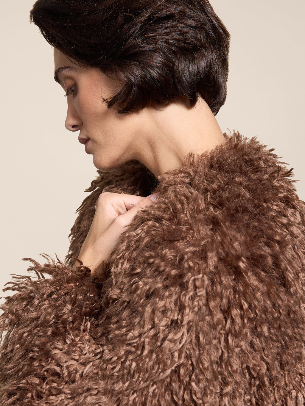REGULAR FIT WOOD FAUX FUR SHORT JACKET - WOOD - Check Active | Pence 1979