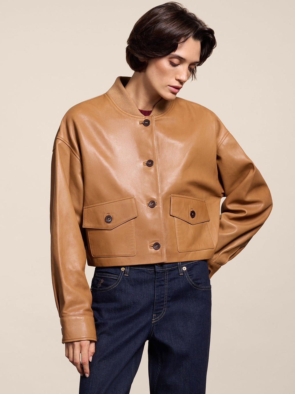 REGULAR FIT CARAMEL CROPPED BOMBER WITH KNIT COLLAR - CARAMEL - Capi in Pelle Donna | Pence 1979