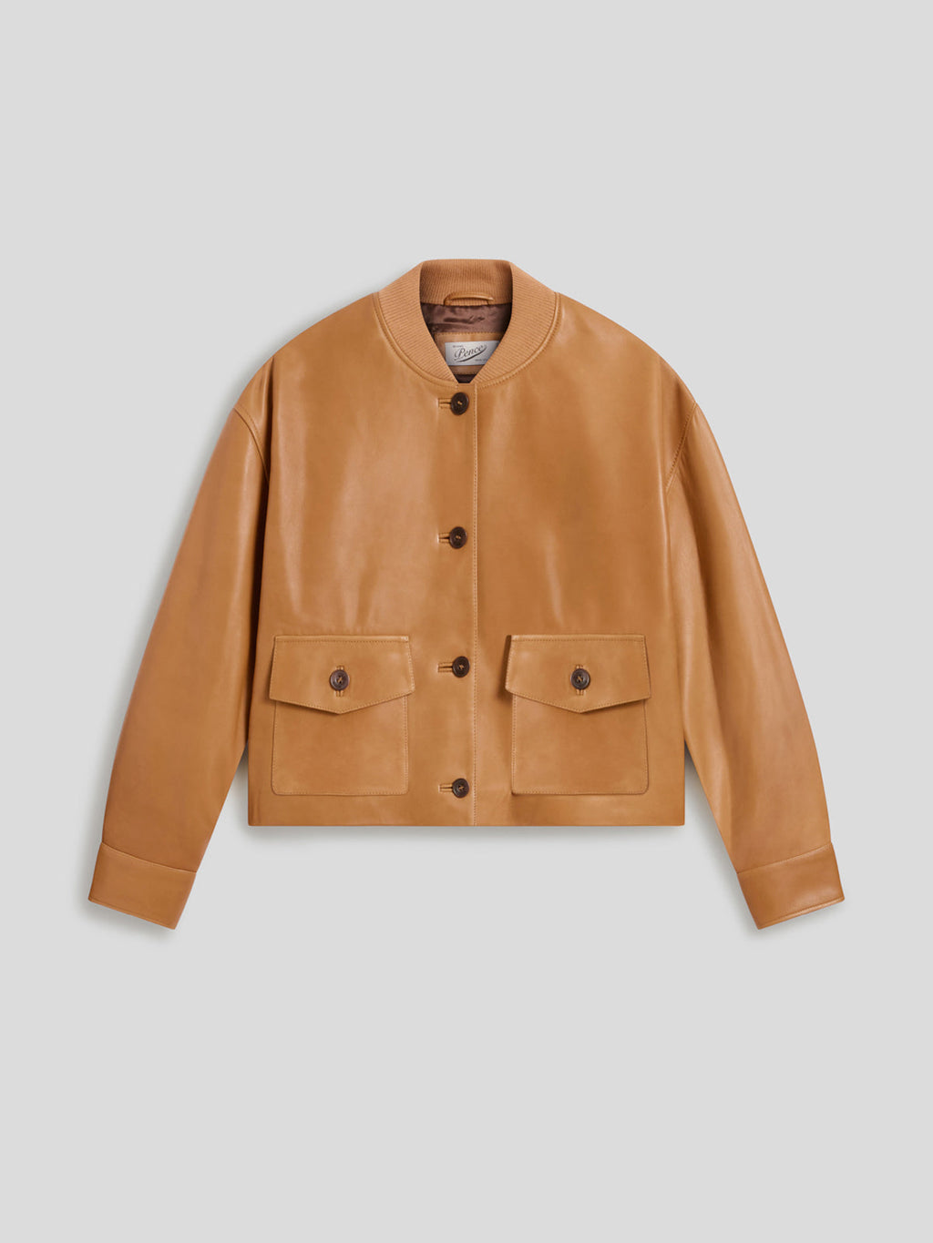 REGULAR FIT CARAMEL CROPPED BOMBER WITH KNIT COLLAR - CARAMEL - Capi in Pelle Donna | Pence 1979