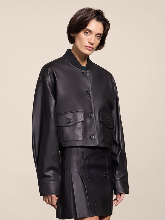 BOMBER CROPPED IN PELLE NERO CON COLLO IN MAGLIA REGULAR FIT - NERO - Abbigliamento Donna | Pence 1979