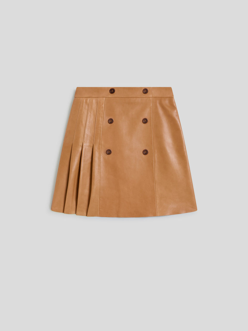 REGULAR FIT CARAMEL LEATHER MINI SKIRT WITH BUTTONS AND PLEATED SIDE - CARAMEL - Capi in Pelle Donna | Pence 1979