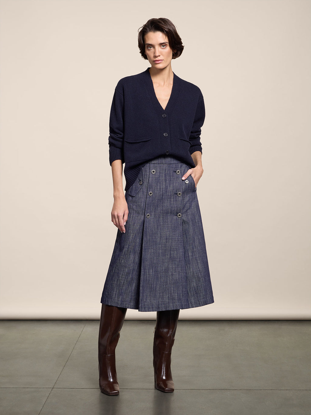 REGULAR FIT SPICY BLUE DENIM KNEE LENGHT SKIRT WITH BUTTONS AND POCKETS - SPICY BLUE - Check Active | Pence 1979