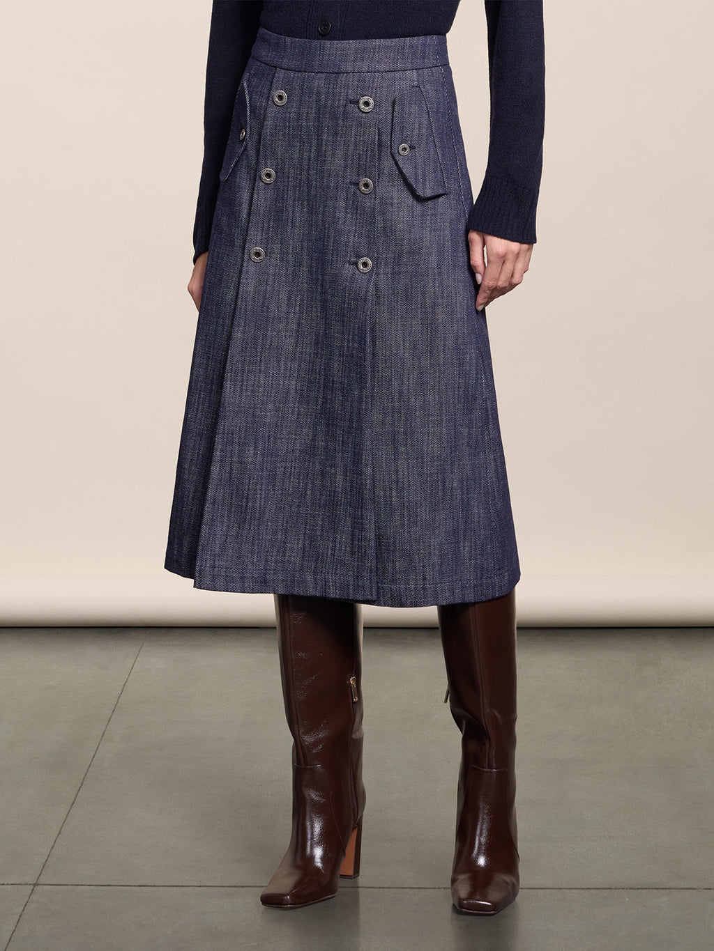 REGULAR FIT SPICY BLUE DENIM KNEE LENGHT SKIRT WITH BUTTONS AND POCKETS - SPICY BLUE - Check Active | Pence 1979