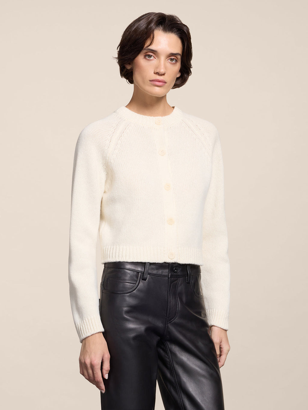 REGULAR FIT WOOL CREW-NECK CARDIGAN WITH RAGLAN SLEEVES NATURAL - NATURAL - Check Active | Pence 1979