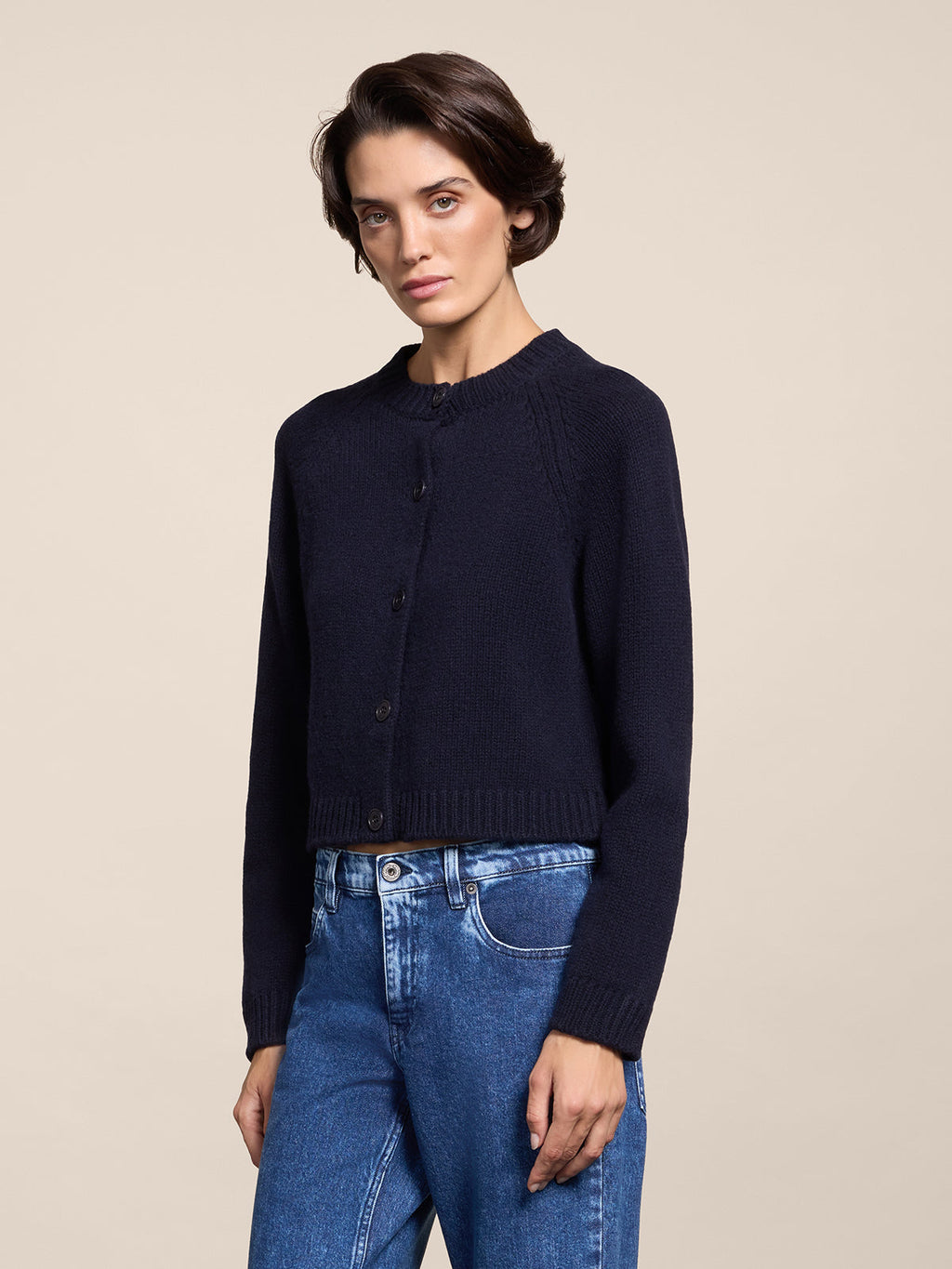 REGULAR FIT WOOL CREW-NECK CARDIGAN WITH RAGLAN SLEEVES BLUE NAVY - BLUE NAVY - Check Active | Pence 1979