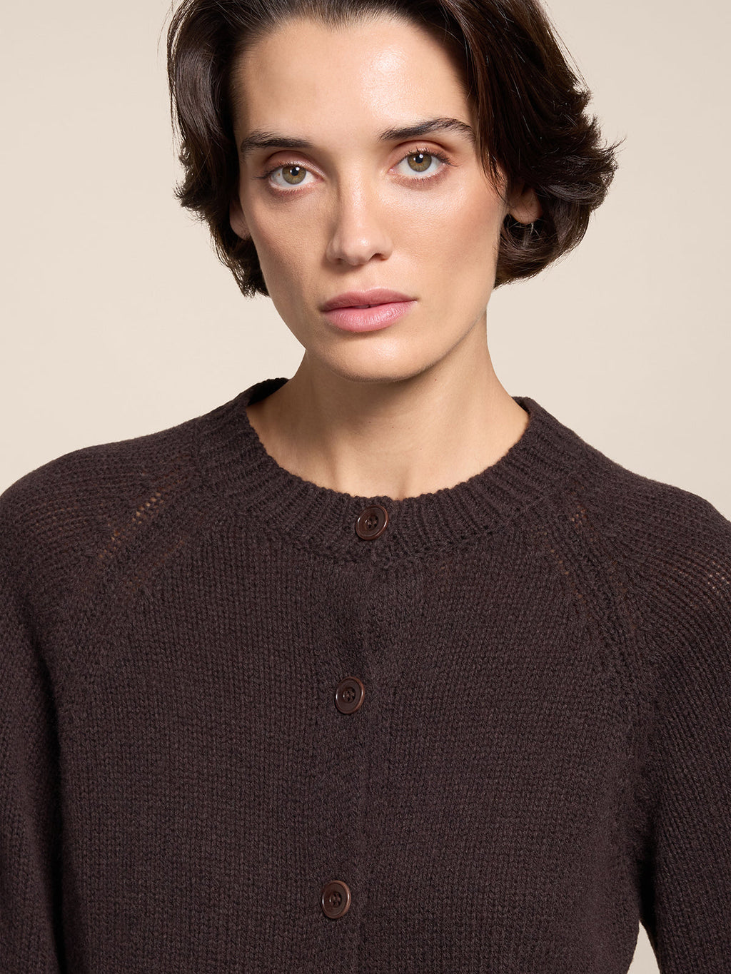 REGULAR FIT WOOL REW-NECK CARDIGAN WITH RAGLAN SLEEVES MAHOGANY - MAHOGANY - Check Active | Pence 1979