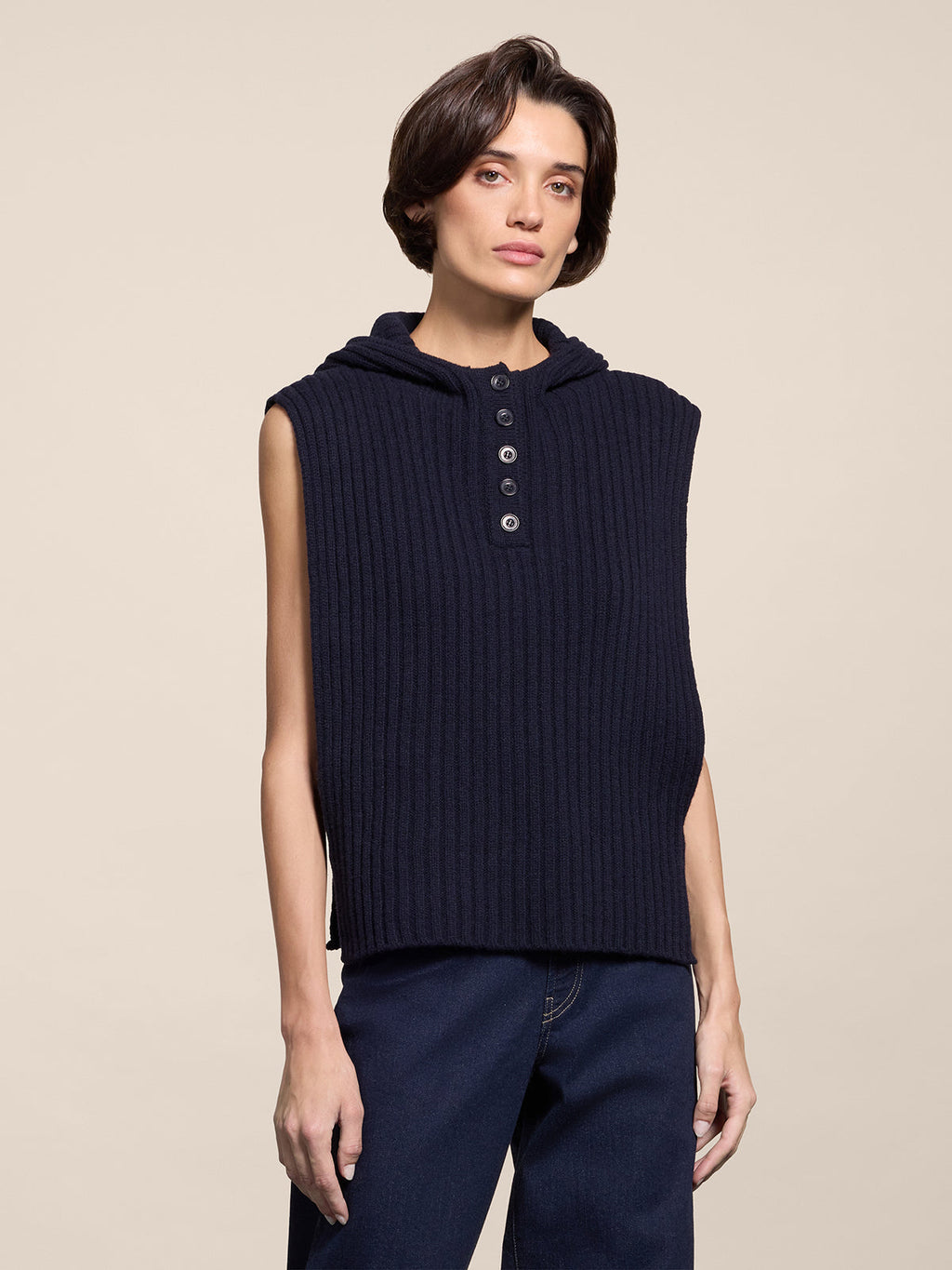 RIBBED WOOL HOODIE VEST BLUE NAVY - BLUE NAVY - Check Active | Pence 1979